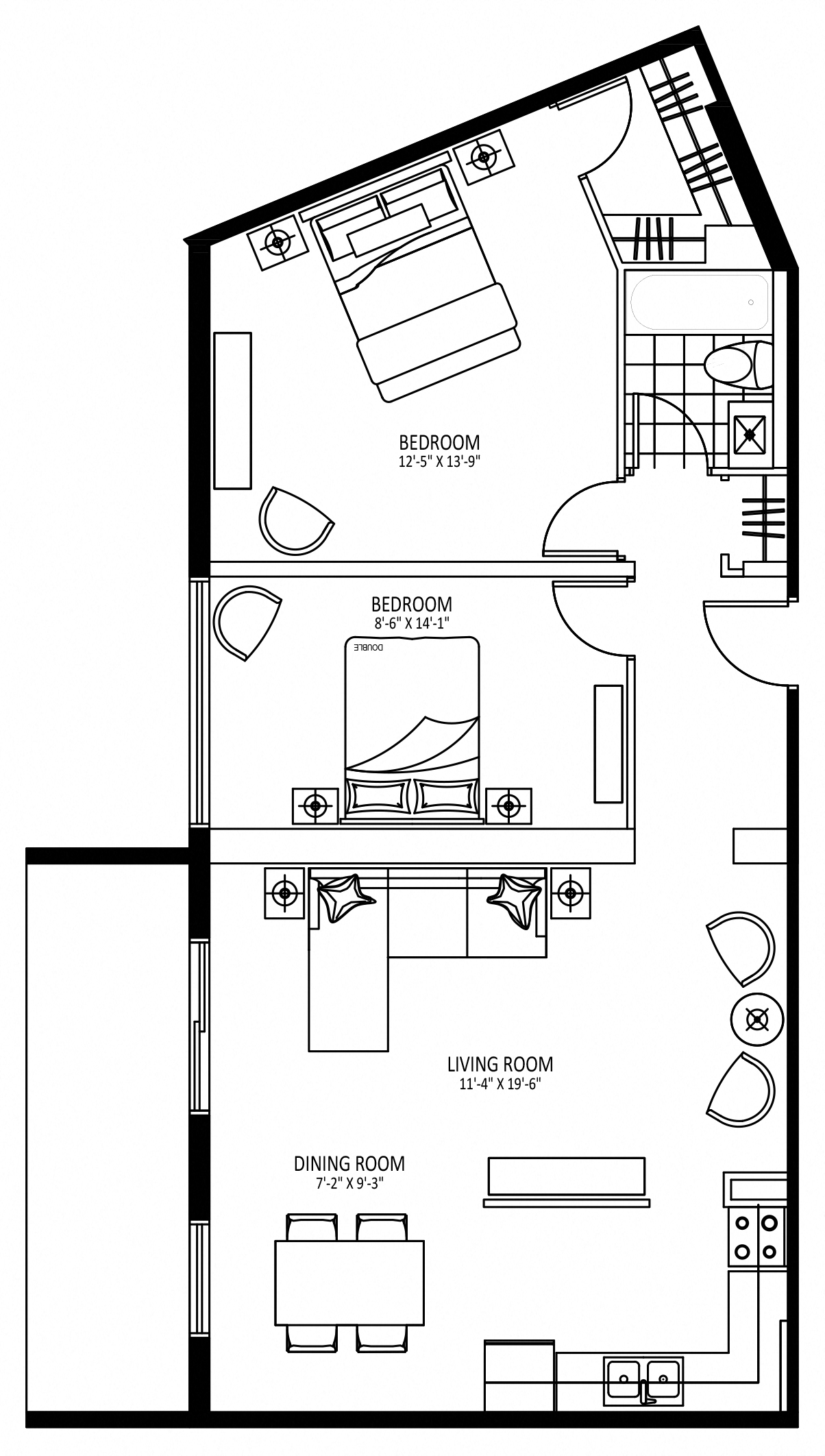 Floor plan for 2 beds, 1 bath, 899 sqft